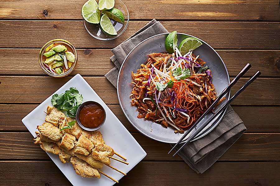 Thai food - beef pad thai and chicken satay