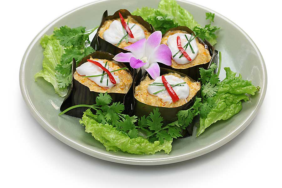 Thai food - hor mok, thai food, steamed fish curry custard in banana leaf