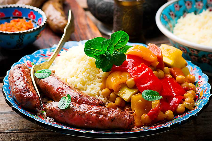 Moroccan dish - couscous and Merguez Sausages
