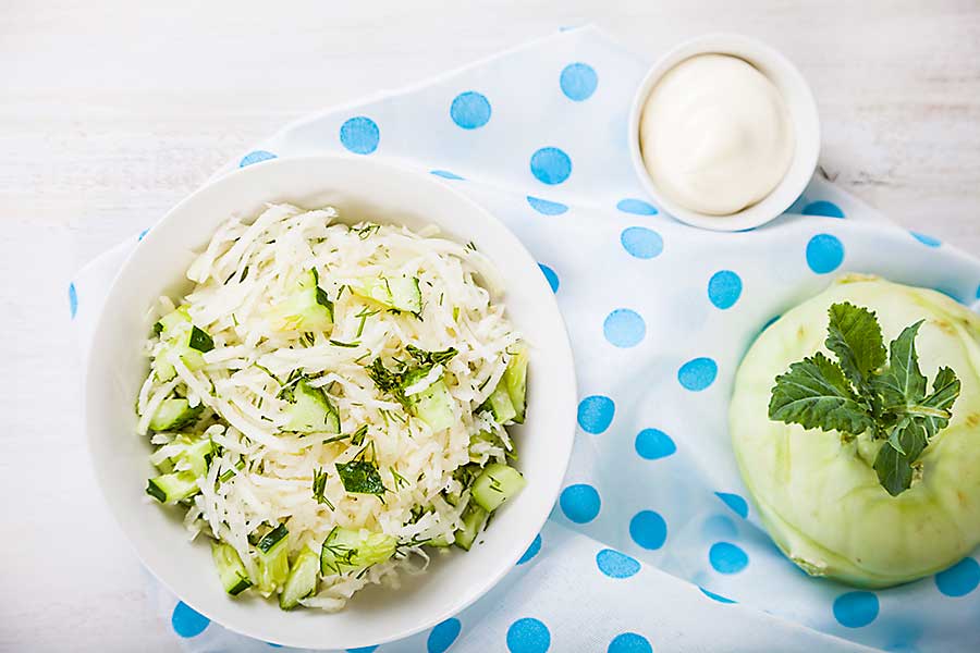 Salad with kohlrabi, cucumber and dill. Vegetarian food. Tasty and healthy dish.