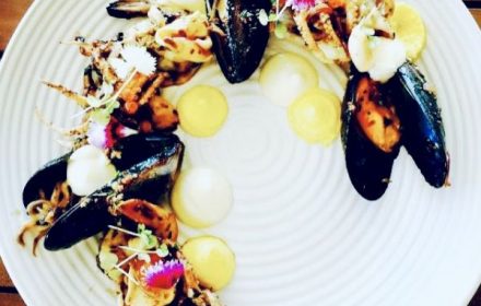 Chef-Geoff-Hart-Grilled seafood with cumin dressing , corn custard & smoked aioli