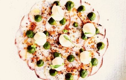 Chef-Geoff-Hart-Octopus carpaccio with smoked potato mousse, chorizo crumb & mojo verde