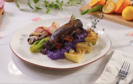 Braised Short Ribs With Caramelized Vegetables and Mashed Purple Potato from chef Alessandro Serni