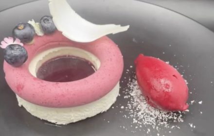 Chef Fabrice Benezit Not baked White chocolate cheesecake,cassis mousse, no cooked blueberry coulis, açaí sorbet, white chocolate blueberry powder