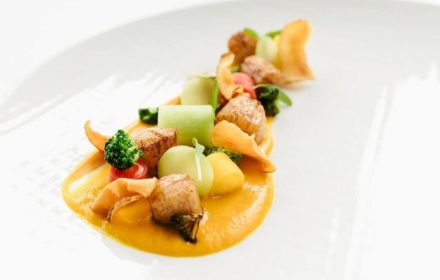 Chef Ken Frank white asparagus, tender fava leaves, and morels, along with bright citrus, and more berries
