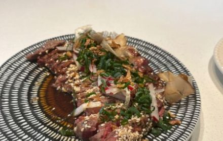 Chef Icaro Conceicao Steak Tataki, Japanese ponzu, radish, dashi