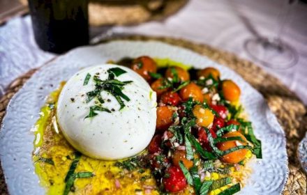 Chef Michelle Tang Burrata with marinated herbed cherry tomatoes