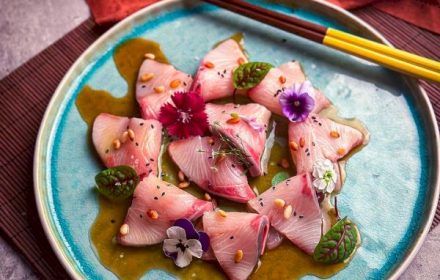 Chef Michelle Tang Hamachi crudo with ponzu and toasted pine nuts