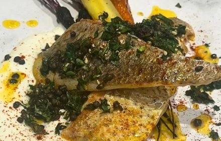 Chef Ashok Nageswaran Pan Seared Snapper with Glazed Carrots and Tahini Sauce and Herbs Dish