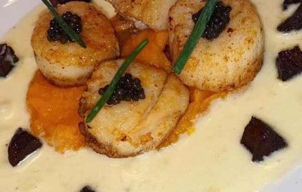 Chef Bella Rose Sea Scallops in Truffle Beurre Blanc with Pumpkin Puree and Garnished with Caviar Dish