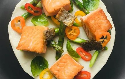 Chef Tova Sterling Salmon with Asparagus Peppers and Cauliflower Dish