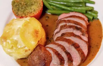 Chef Bernard Moutal Roasted Duck Breast with Peppercorn Sauce Dish