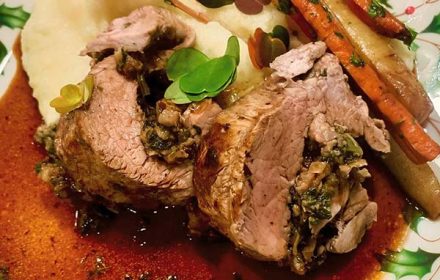 Chef Dana Klitzberg Veal Tenderloin Stuffed with Mushroom, Spinach, Shallots, and Fried Cherries on a Fluffy Mashed Potato with Honey Balsamic Carrots Dish