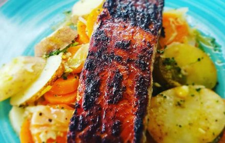 Chef Jamie Sawney Grilled Salmon with Cabbage Potatoes and Carrots Dish