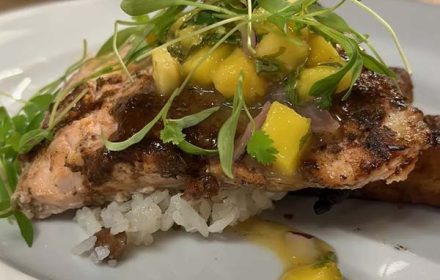 Chef Kyndra McCrary Jerk Salmon Paired with Rice and Plantains Dish