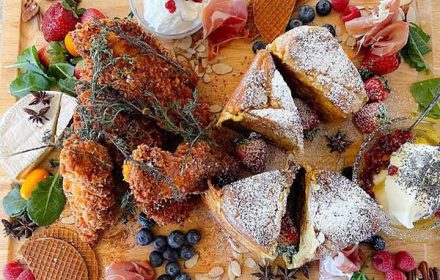 Chef Mary Wills Buttermilk Brined Southern Fried Chicken, Scratch Brioche French Toast, Prosciutto, Ground Cherries, Stroopwafel