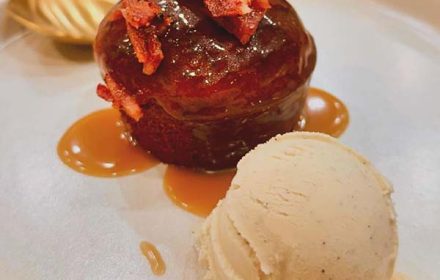 Chef Alex Maranslicht Sticky Toffee Date Cake, Maple Bacon, Vanilla Ice Cream