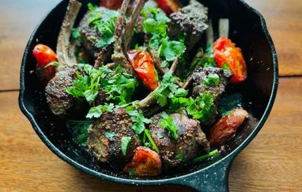 Chef Alex Maranslicht Zatar Spiced Lamb Chops, Guajillo Tahini Dressing, Romesco Cauliflower With Coriander, Lemon, Olive Oil