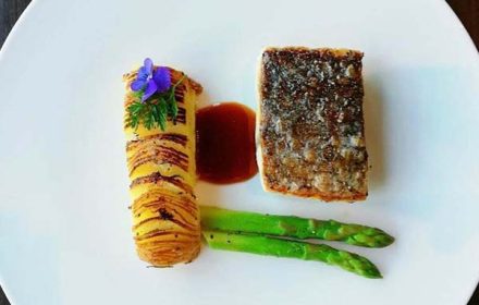 Chef Furkan Yavuz Grilled Bass, Asparagus, Tian Patates, Kamuat Sos, Edible Flower