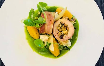 Chef Michael Taylor Bacon Wrapped Chicken Ballotine Of Gingered Apple, Sultana & Shallot, Swede Quenelle, Mozzarella & Watercress Veloutè