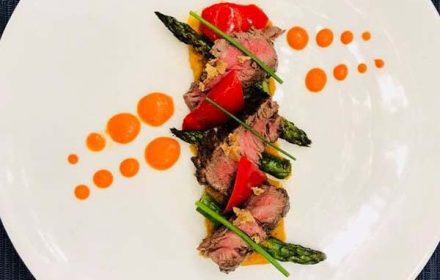 Chef Michael Taylor Beef In Soy, Sweet Potato Crush, Roast Red Pepper With Coulis & Asparagus