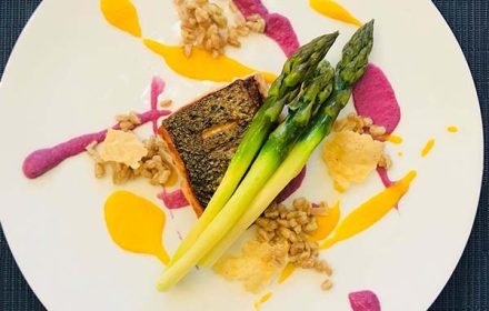 Chef Michael Taylor Salmon, Red Cabbage Puree, Butternut, Asparagus & Pearled Spelt