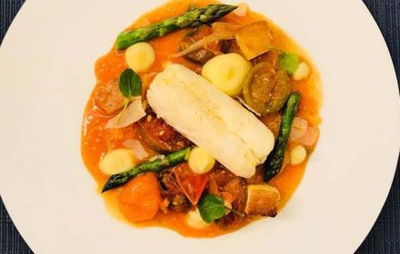 Chef Michael Taylor Sous Vide Cod Loin, Slow Cooked Heirloom Tomatoes, Asapragus, Pomme Purée, Brioche Croutons & Manchego