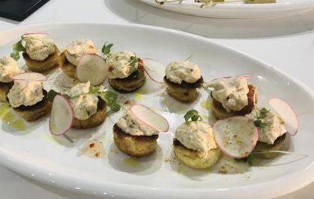 Chef Michael Taylor Crab Salad on Brioche Glazed Tofu and Miso Skewer