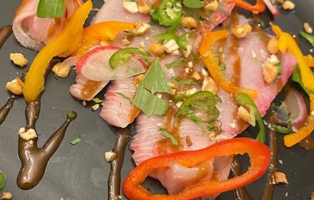 Chef Daniel Sutliff Hamachi Crudo With Sesame Ginger Dressing, Basil, Sweet Peppers, Serranos, Crunchy Corn Nuts