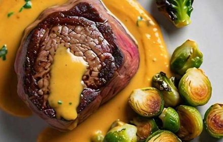 Chef Julia Shelley Pan-seared Filet Mignon, Roasted Brussels Sprouts, And Creamy Pumpkin Sauce