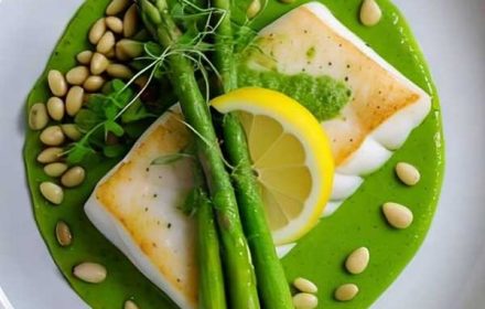 Chef Julia Shelley Panseared Seabass With Asparagus, Peppery Microgreens, And Lemon