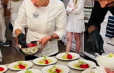 Chef Julia Shelley Plating Food At Private Dining