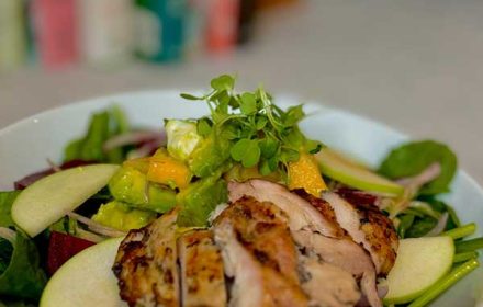 Chef Andres Martello Summer Salad With Grilled Chicken, Baby Spinach, Kale, Cantaloupe, Green Apple, Beets, Shallots, And Avocado