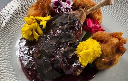 Chef Jonathan Barone Confit Duck Leg, Red Plum Truffle Reduction, Summer Truffles, Herb Roasted Cauliflower Tempura