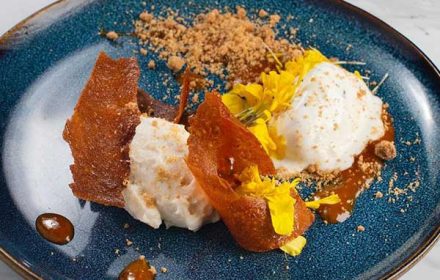 Chef Jonathan Barone Dehydrated Burrata And Honey Crisp Apricot, Salted Caramel Ricotta, Sicilian Olive Oil Gelato, Hazelnut Crumble