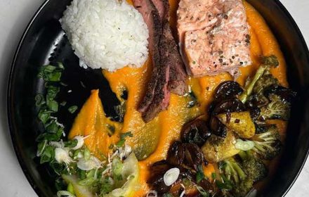 Chef Kelly Lambert Sirlon And Salmon With Sweet Potato Puree, Jasmine Rice, And Crisp Veggies