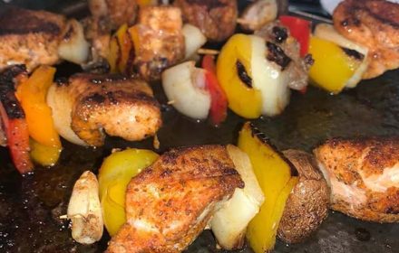 Chef Cash Culver Steak And Salmon Skewers With Bell Peppers, Onions, And Mushroom Pan Seared