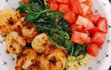 Chef Gerardine Elie Lemon Herb Coucous Bowl With Garlic Seared Shrimp, Seuteed Spinach, And Diced Tomato