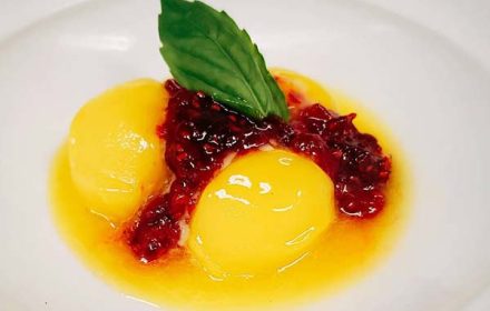 Chef Geradine Elie Mango Champagne Sorbet With Raspberry Compote