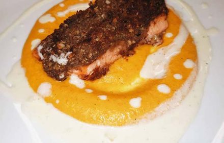 Chef Gerardine Elie Pecan Crusted Salmon, Roasted Acorn Squash And Carrot Puree, Sage Cream