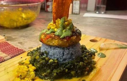 Chef Ralph Cazenave Bey Jackfruit Crabcake, Peppers, Ginger, Garlic Bread Crumbs, Coconut, Sauteed Spinach, Corn Mango Salsa, Topped With Cilantro-Dill Aioli And Plantain Crisp