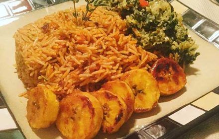 Chef Ralph Cazenave Bey Jollof Rice With Spinach-Cabbage Chayote Mix And Fry Plantain