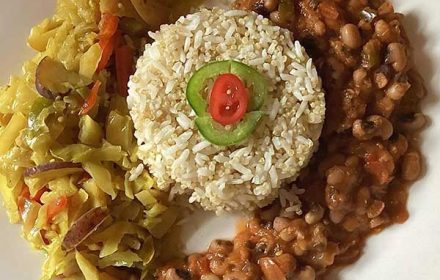 Chef Ralph Cazenave Bey Stew Blackeyed Peas, Cabbage, Apples, Thyme, And Purple Potatoes With Rice And Quinoa