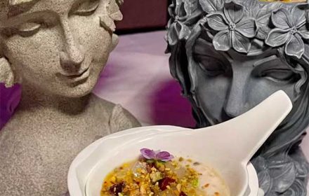 Chef Taylor Persh Fine Dining Soup Bowls Perched On Top Of Statues