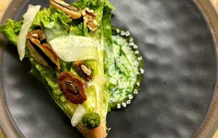 Chef Deniz Sezer Little Gem Salad With Sourdough Anchovies Fossil, Pecorino, Tarragon Dressing, Pistachio