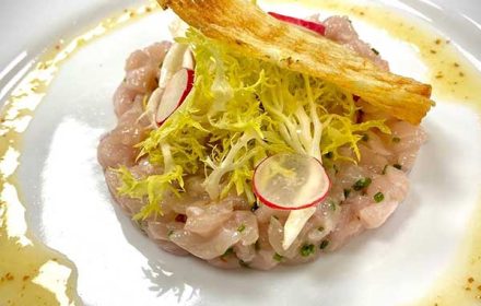 Chef Steven Queen Alaskan Ivory King Salmon Tartare, Mustard Dressing, Frisee, Radish, Gaufrette Chip