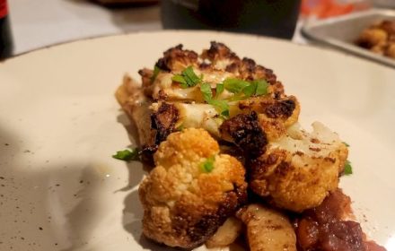 Chef Simon Zatyrka Five-spice roasted cauliflower steak, spiced pear chutney, braised fennel