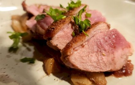 Chef Simon Zatyrka Five-spice roasted duck breast, spiced pear chutney, braised fennel