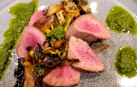 Chef Simon Zatyrka Lamb loin, artichoke, sweet onion, herby mushrooms GF