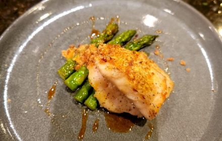 Chef Simon Zatyrka Pan roasted rockfish, asparagus, lemon-bacon crumb, sherry gastrique